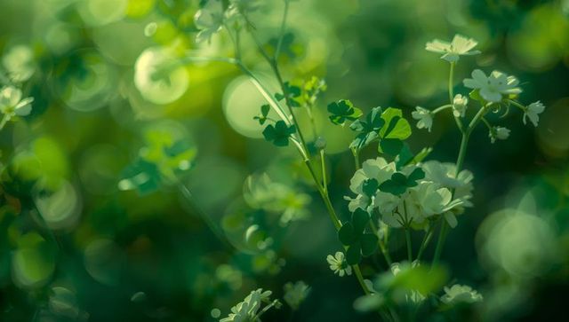 Oxalis White Blooms and Trifoliate Leaves Bathed in Soft Sunlit Green Bokeh for Spring Backgrounds