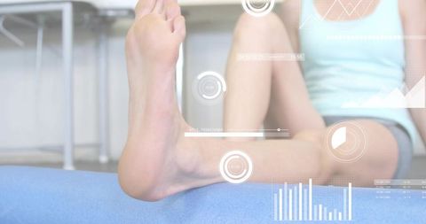 Woman extending bare foot on therapy mat with augmented hud biomechanics metrics overlay