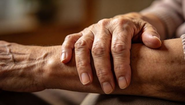 Elderly hands resting on forearm conveying comfort and gentle support