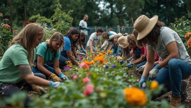 Volunteer group planting flowers in community garden