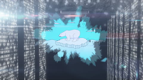 Digital Polar Bear Art Amidst Falling Snow and Circuit Board
