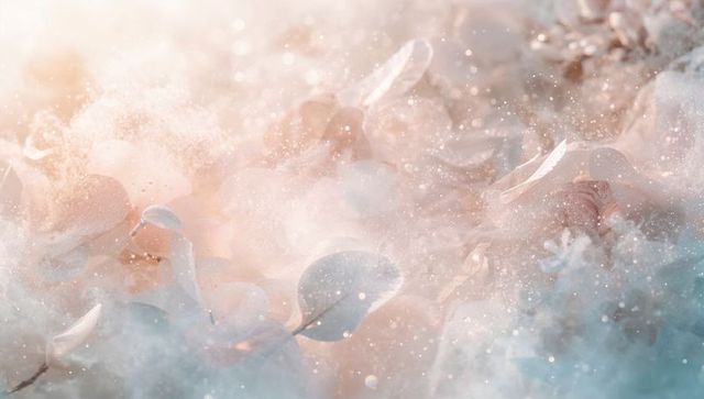 Ethereal pastel petals glowing in mist with sparkling bokeh and soft blue leaves