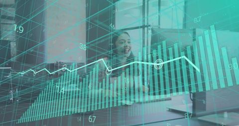Businesswoman presenting teal analytics dashboard with rising bar chart and line graph