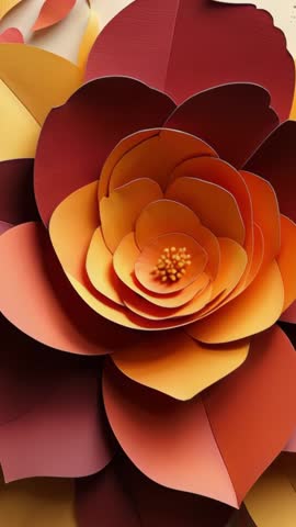 Vertical floral paper-cut video showcasing layered warm-gradient petals on cream backdrop