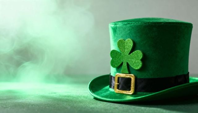 St Patrick's Green Top Hat with Glitter Shamrock and Gold Buckle on Velvet Surface
