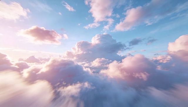Sunlit Pastel Cumulus Drifting and Glowing Above Serene Blue Sky with Motion Blur
