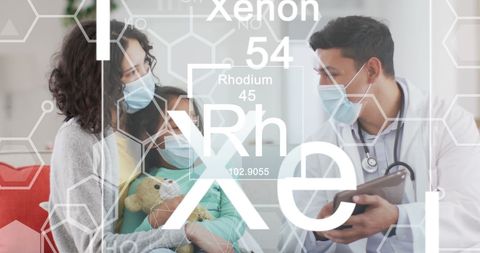 Doctor advising mother and child with science symbols overlay