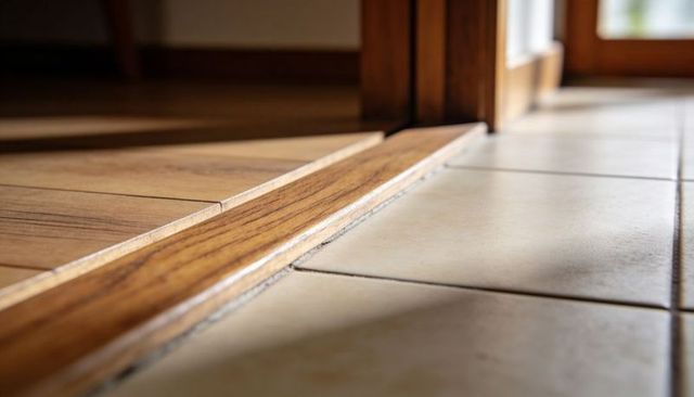 Wood Threshold Transition Ceramic Tile to Hardwood Flooring Showing Sunlit Grout Gap