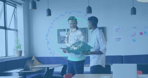 Coworkers discussing digital globe, collaborating with folder and tablet in modern office