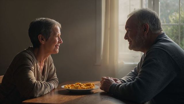 Smiling senior couple sharing cozy breakfast moment at home table with fresh fruit
