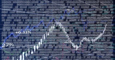 Binary Code Streaming Over Bullish Stock Market Candlestick Chart