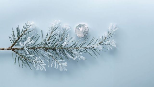 Frosted Conifer Sprig Sparkling with Crystal Ornament on Soft Pale Blue Minimal Background