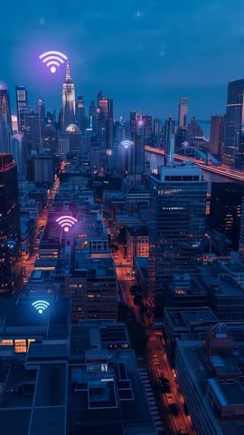 Vertical cityscape showing pulsing neon WiFi icons mapping urban connectivity at night