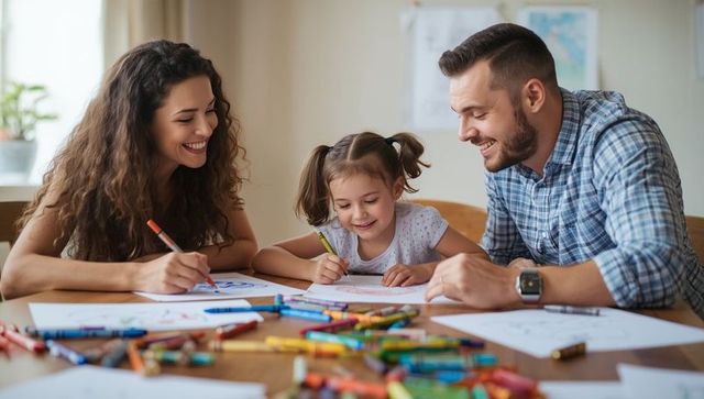 Family Enjoying Creative Time Coloring Together at Home