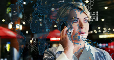 Businesswoman Communicating with Digital Global Map Interface Overlay