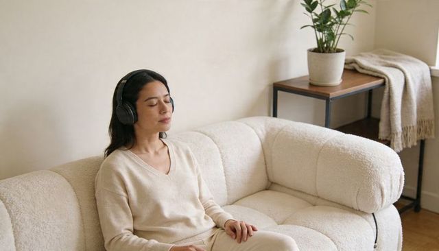 Serene woman relaxing with wireless headphones in beige loungewear on plush boucle sofa