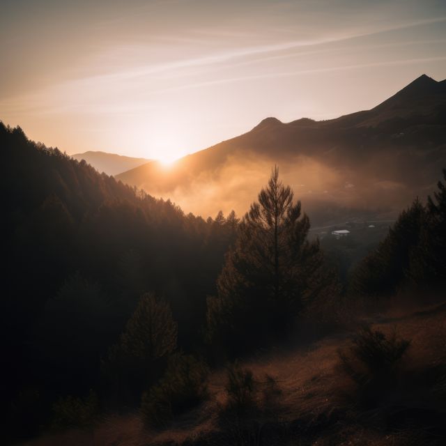 Golden sunrise bathes a mountainous landscape in warm light. Mist weaves through the valleys as dawn breaks, highlighting the serene beauty of nature.