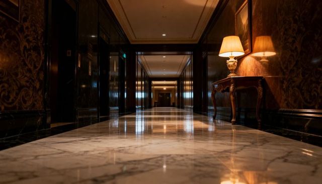 Luxurious marble corridor with polished floor and antique lamp casting warm reflections