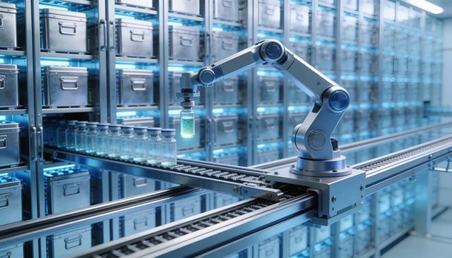 Robotic arm gripping glowing vial on conveyor for automated pharmaceutical production