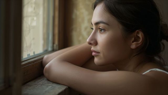 Young woman gazing out window resting on wooden sill contemplative natural light portrait