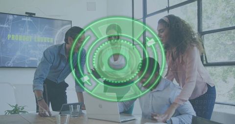 Collaborative team reviewing product launch with ar interface in modern workspace