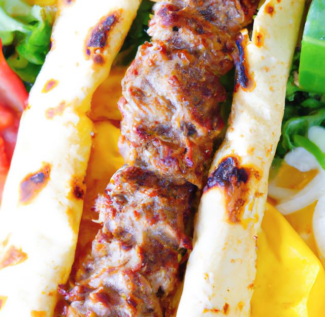 Grilled beef kabob nestled in flatbread with fresh vegetables and melted cheese. This vibrant and appetizing visual can be used for menus, food blogs, recipe websites, and social media posts to attract food lovers and promote healthy, delicious meals.