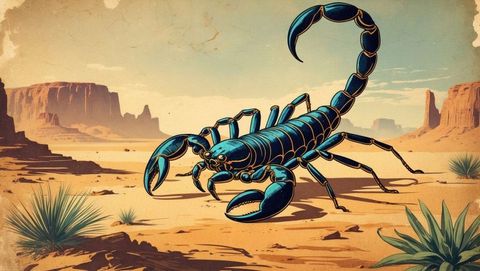 Surreal blue scorpion crawling in desert environment