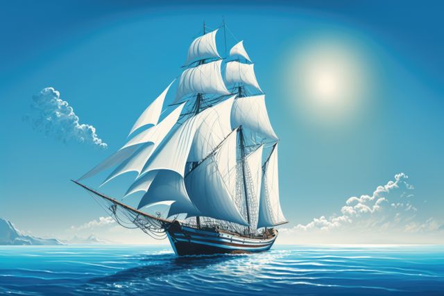 Image of sailing ship on sea over clouds and blue sky, created using generative ai technology. Transport, travel and boat, digitally generated image.