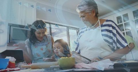 Multigenerational Family Baking Together in Sunlit Kitchen, Grandmother Teaching Grandchild
