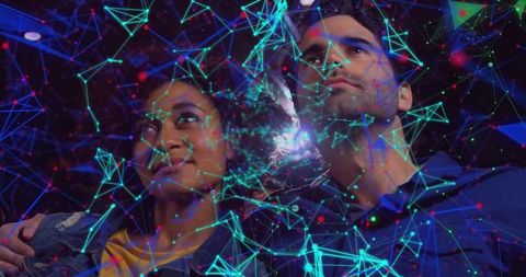 Futuristic Couple Gazing at Digital Connectivity in Exhibit Space