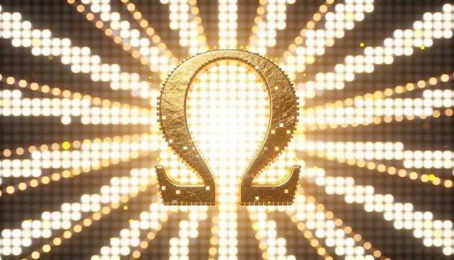 Gilded omega symbol radiating golden bulb halo and starburst lights for luxury branding
