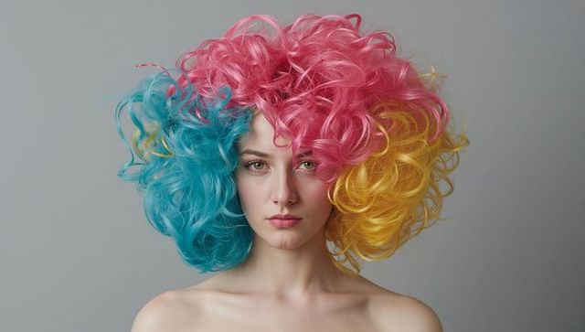 Tri-color curly wig portrait cyan magenta yellow bold fashion beauty headshot