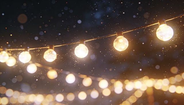 Glowing Warm Globe String Lights Creating Bokeh Ambience with Floating Dust Motes