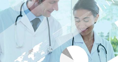 Doctors analyzing global health analytics with pie chart and world map overlay in clinic