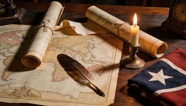 Candlelit antique world map with quill, rolled charts, folded star flag evoking exploration