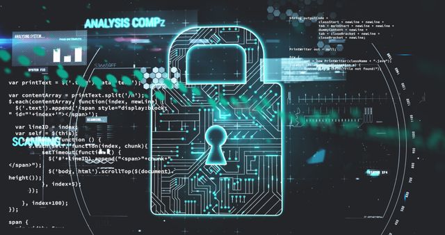 Image of graphs over data processing and digital padlock over black background. Internet safety, data security and technology concept digitally generated image.