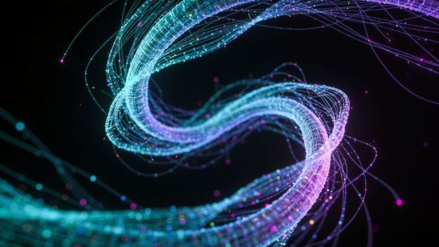 Neon data stream twisting ribbons flowing through dark space with glowing filaments