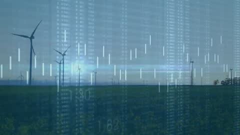 Futuristic Wind Turbines with Data Overlays in Scenic Dusk Landscape