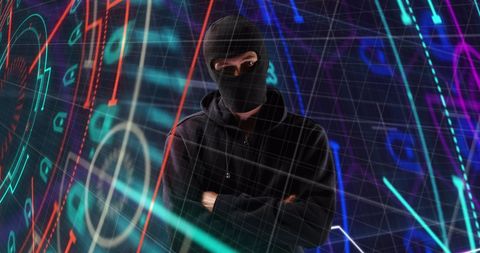 Masked Hacker in Cybersecurity Environment with Neon Chains - Download Free Stock Images Pikwizard.com