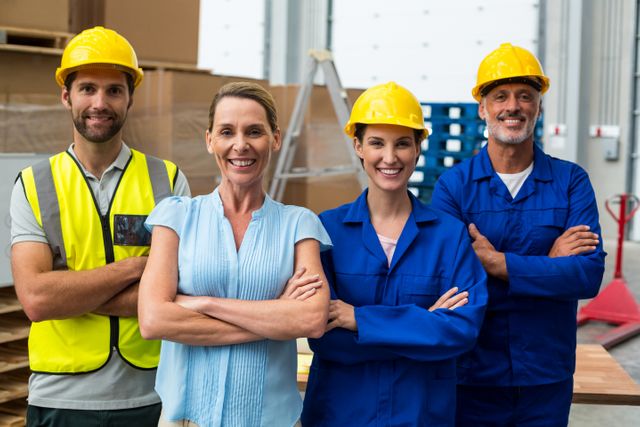 Portrait of warehouse manager and worker standing together with arms crossed in warehouse