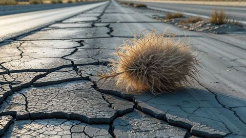 Tumbleweed resting on cracked road in vast desert landscape