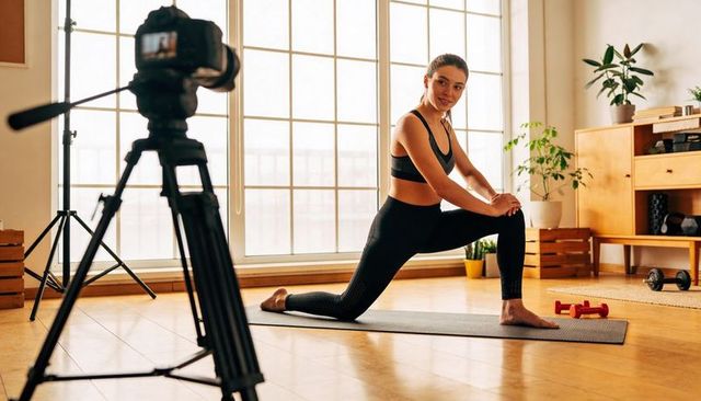 Home fitness creator stretching in deep lunge on yoga mat during workout filming