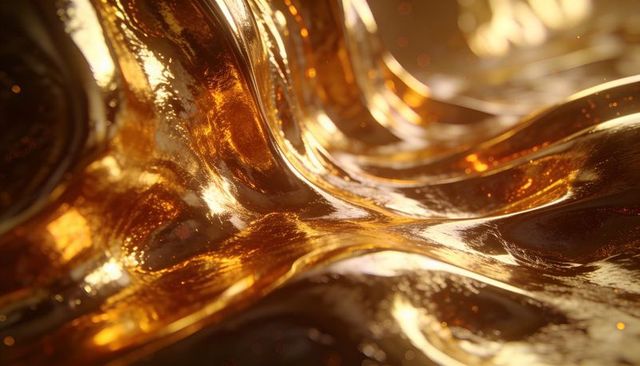 Flowing molten gold texture with glossy amber waves and sparkling bokeh macro background