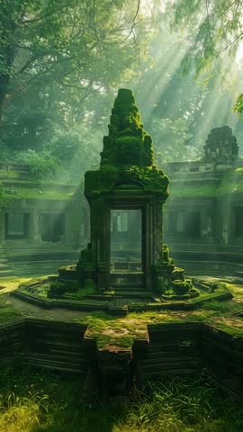 Vertical video zooming into moss-covered shrine in ancient temple courtyard with sunbeams