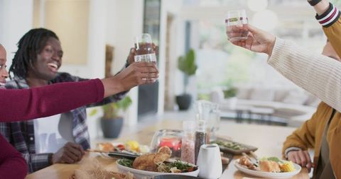 Diverse friends clinking glasses sharing roast chicken at sunlit wooden dining table