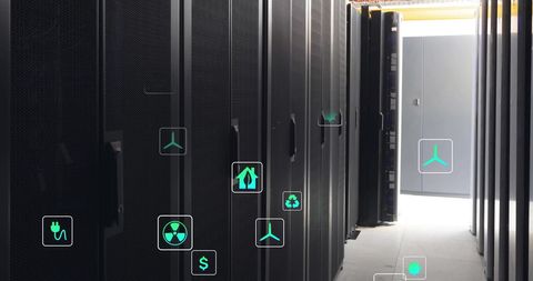 Eco-Friendly Technology in Modern Server Room with Digital Icons - Download Free Stock Images Pikwizard.com