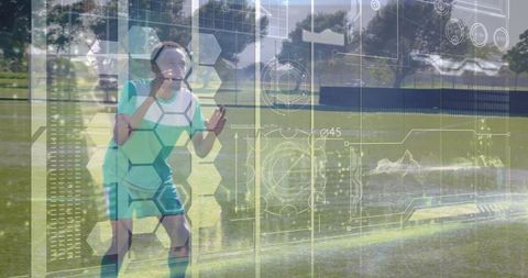 Crouching Soccer Goalkeeper with Futuristic HUD on Soccer Field