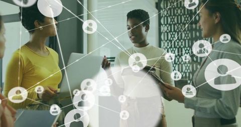 Business Team Collaborating with Digital Networking Overlay for Modern Office Presentation