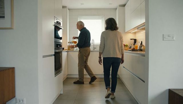 Senior couple pouring juice in modern galley kitchen during morning routine