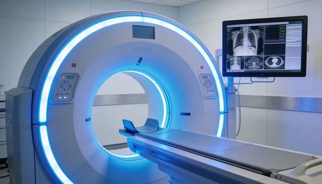 Ct scanner gantry with motorized patient table and blue led diagnostic monitor, hospital